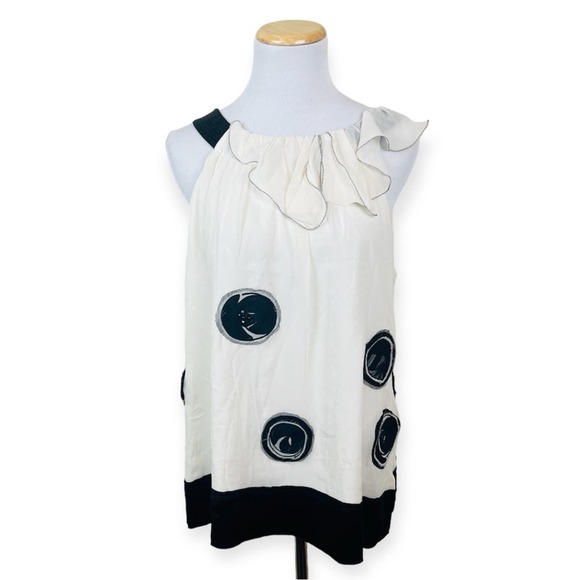 BCBGMAXAZRIA White Babydoll Black Polka Dot Flowy Ruffle Silk Blouse MEDIUM - Picture 1 of 10